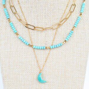 BUNDLE Gold Paperclip Chunky Necklace & Turquoise or Moonstone Moon Pendant CUTE
